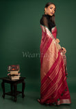 Red Linen Saree with Green Golden Border