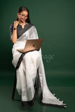 White Linen Saree with Silver black Border