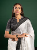 White Linen Saree with Silver black Border