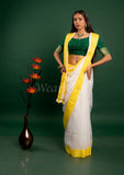 White Linen Saree with Yellow Border