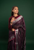 Wine Linen Saree with Silver Border