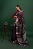 Wine Linen Saree with Silver Border
